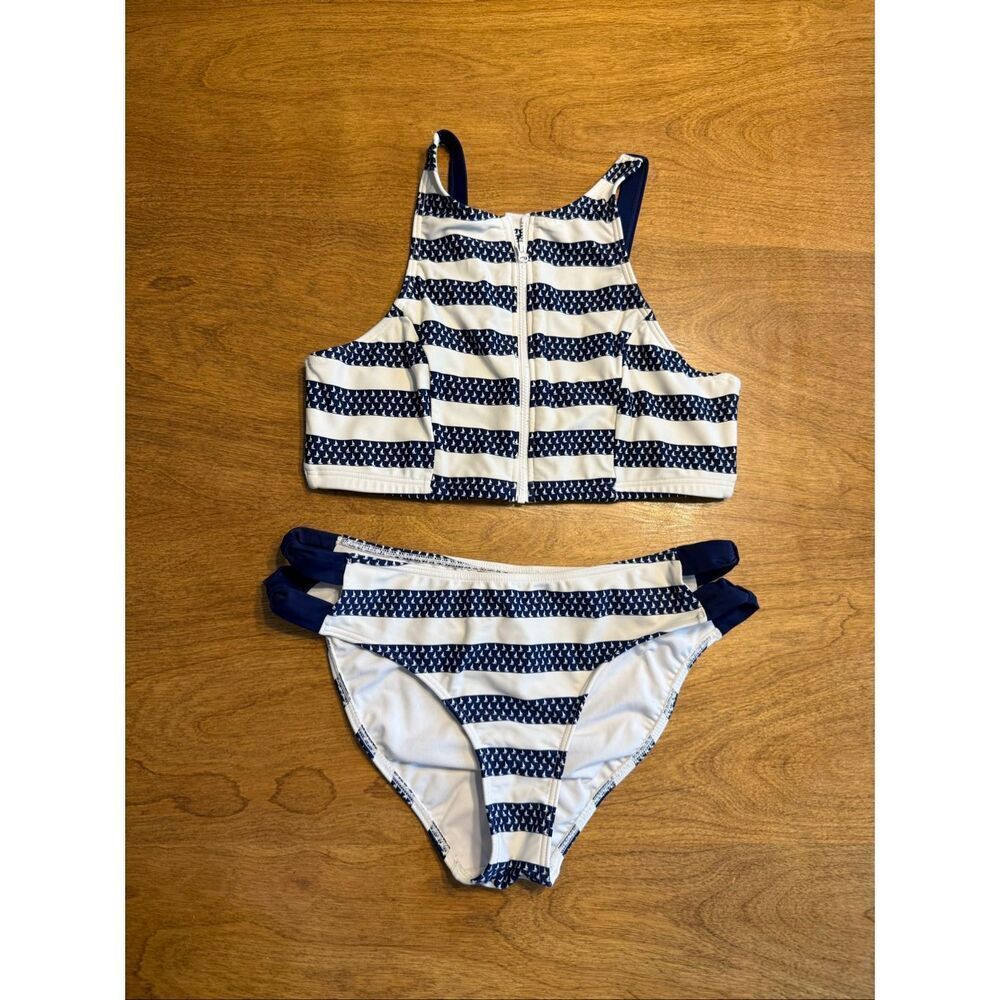 Venus Kids High Neck Zip Front Sailboat Stripe Bikini Set Navy White Size 12